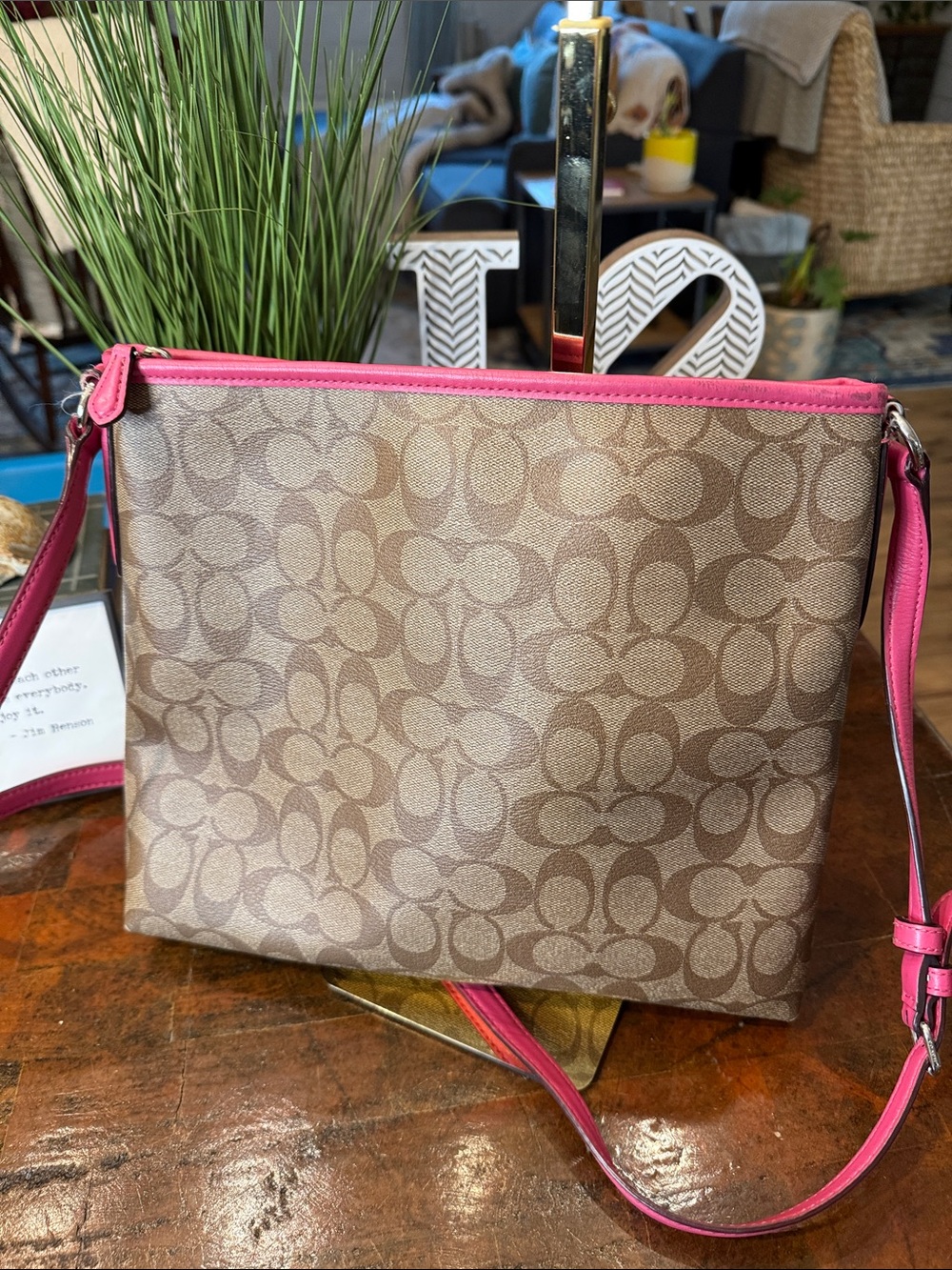 Coach Brown Signature Crossbody with Pink Trim - Picture 5 of 13
